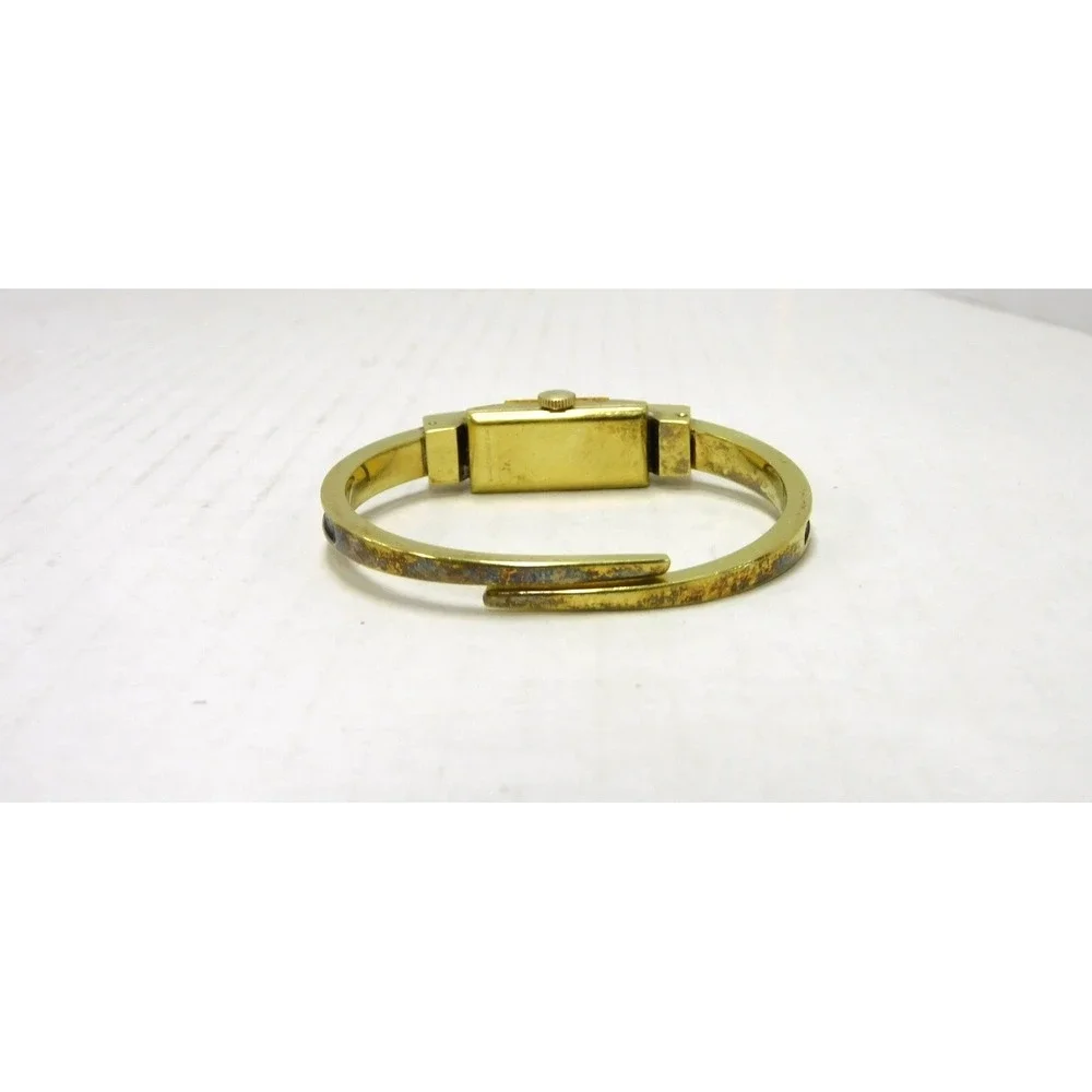 Vtg Swiss Hidden Face Watch Bangle Bracelet Black Enamel Gold Tone JC245
